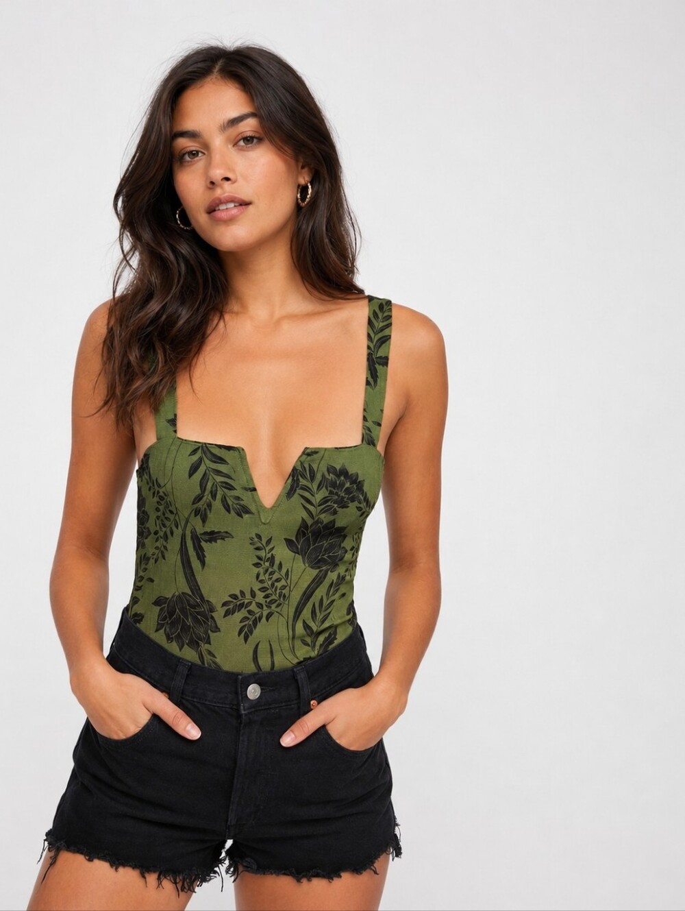 Free People Women’s Size S Olive Green Floral Print Bodysuit